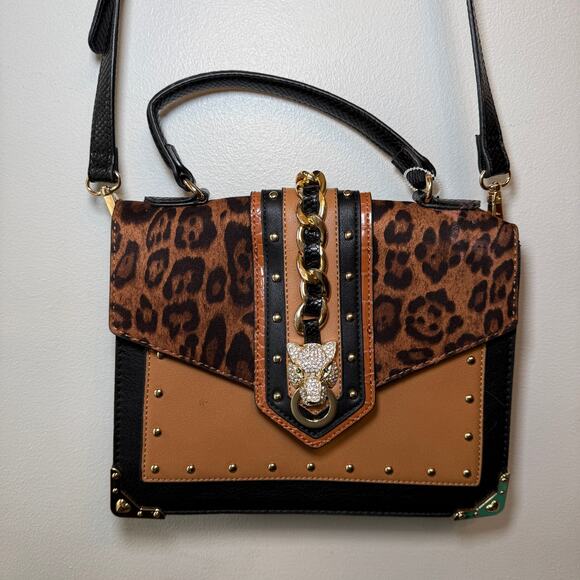 Aldo Baro Top Handle Bag Crossbody Purse Jeweled Cat Cheetah Print - Picture 2 of 10